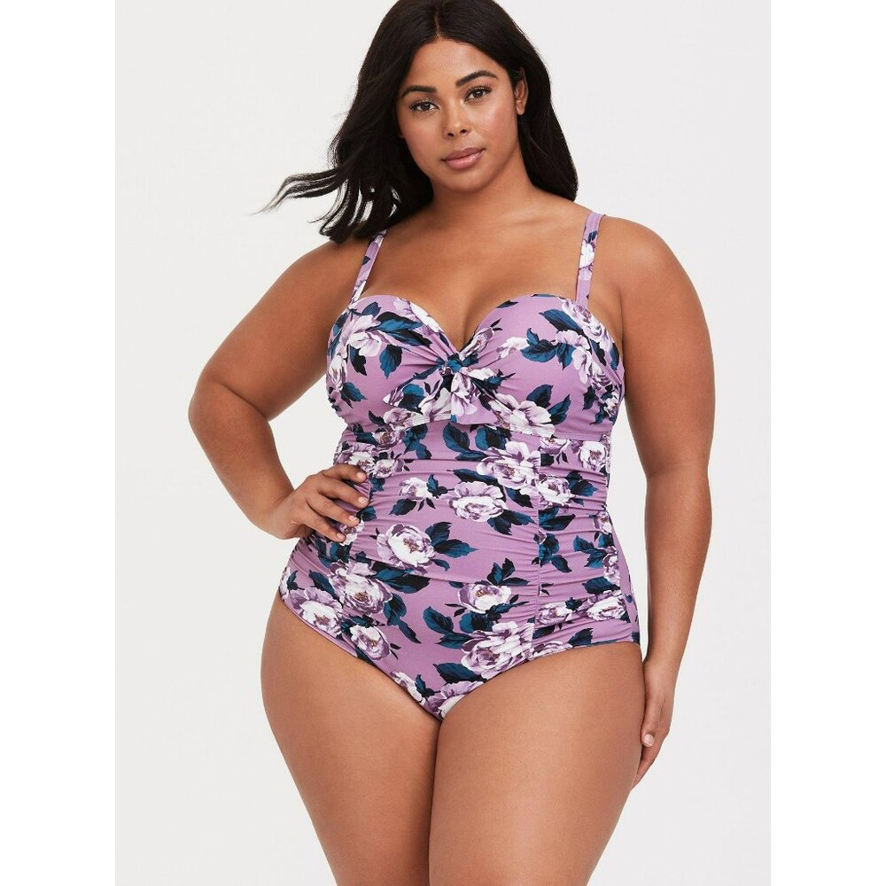 TORRID 2X Underwire Ruched Tie-Front One Piece Swimsuit lavender floral
